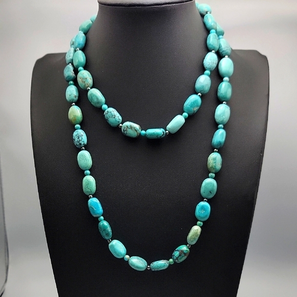 Unbranded Jewelry - Genuine Turquoise 925 Sterling Silver Hematite Beaded Necklace 11x14mm Beads
